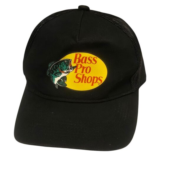 Bass Pro Shops Youth Black Mesh Trucker Hat Adjustable Snapback Fishing Logo - Picture 10 of 10